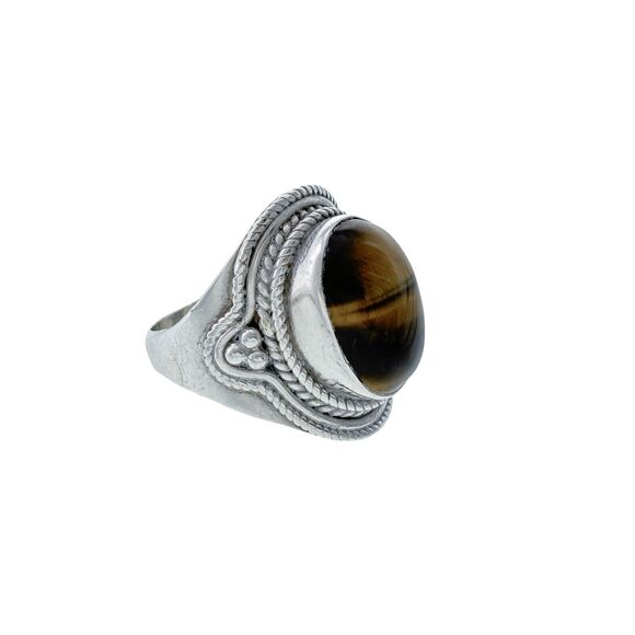 Rope Bead Detail Tiger's Eye Oval Statement Ring Sterling Silver 925 | Size 8.5 - Picture 3 of 7